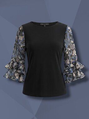 Cynthia Steffe Rich Black Ruffle Sheer Shimmer Sleeve Blouse M